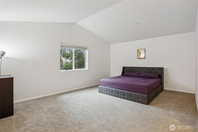 carpeted bedroom featuring baseboards and lofted ceiling