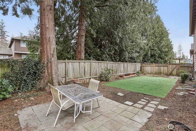 view of yard with outdoor dining space, a patio, and a fenced backyard