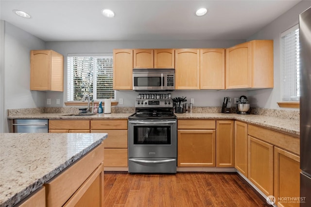 kitchen featuring wood finished floors, stainless steel appliances, light brown cabinetry, a sink, and recessed lighting