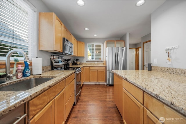 kitchen with dark wood-style floors, light stone countertops, stainless steel appliances, a sink, and recessed lighting