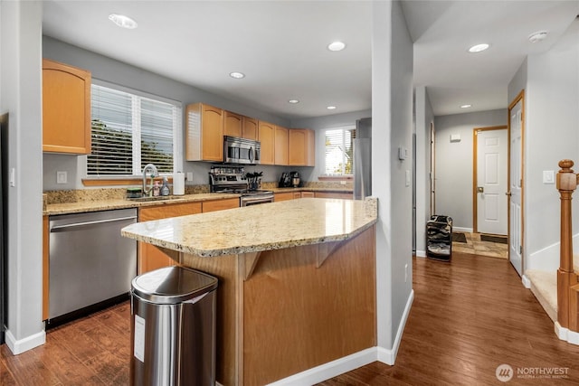 kitchen with dark wood-style floors, stainless steel appliances, light brown cabinetry, a sink, and recessed lighting