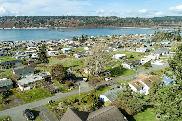 bird's eye view with a water view, a residential view, and a view of trees