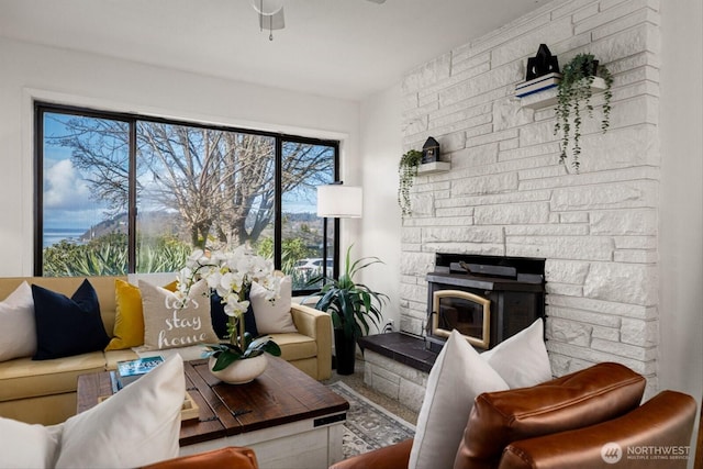 living area with a stone fireplace