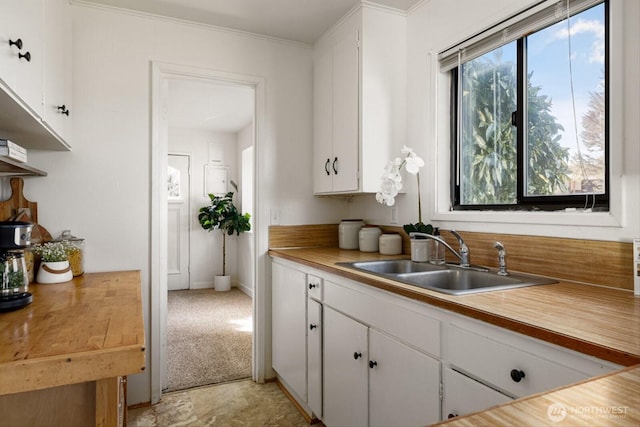 kitchen featuring a sink, light colored carpet, and white cabinets