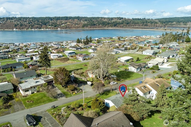 aerial view with a residential view, a water view, and a view of trees