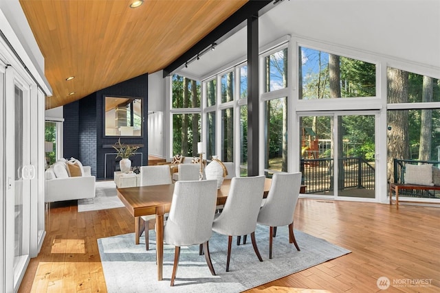 sunroom with vaulted ceiling, wooden ceiling, a wealth of natural light, and track lighting
