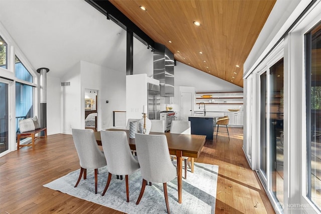 dining area with high vaulted ceiling, recessed lighting, visible vents, wood ceiling, and light wood-type flooring