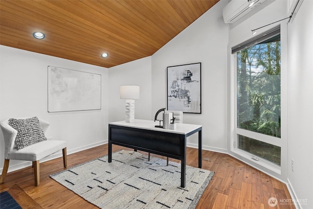 home office with wood ceiling, vaulted ceiling, baseboards, and wood finished floors