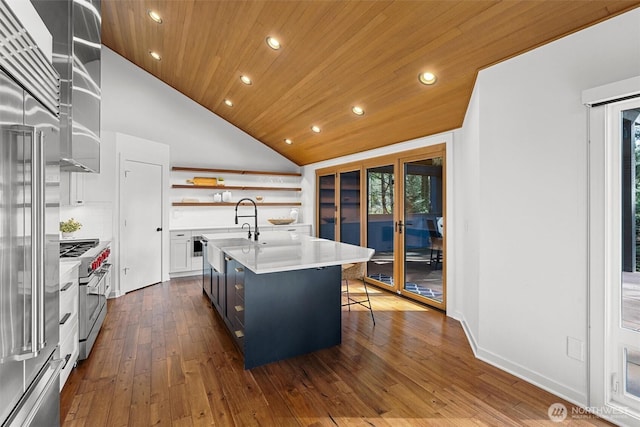 kitchen with wood ceiling, light countertops, open shelves, high end appliances, and dark wood finished floors
