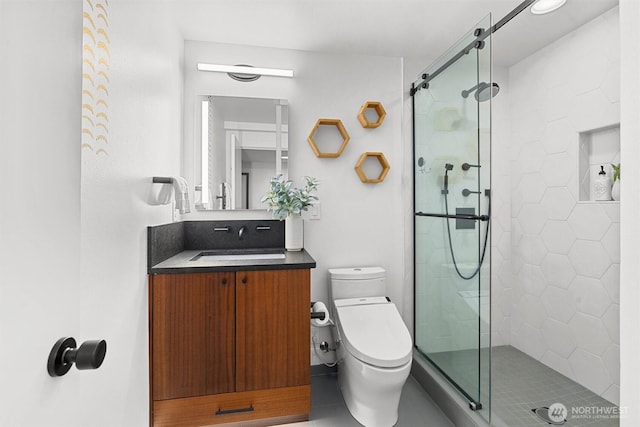 full bath featuring a shower stall, toilet, and vanity
