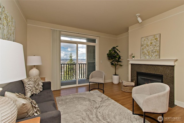 living area featuring a glass covered fireplace, baseboards, and wood finished floors