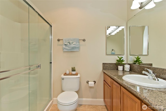 full bathroom featuring a stall shower, vanity, toilet, and tile patterned floors