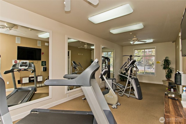 exercise room featuring ceiling fan and baseboards