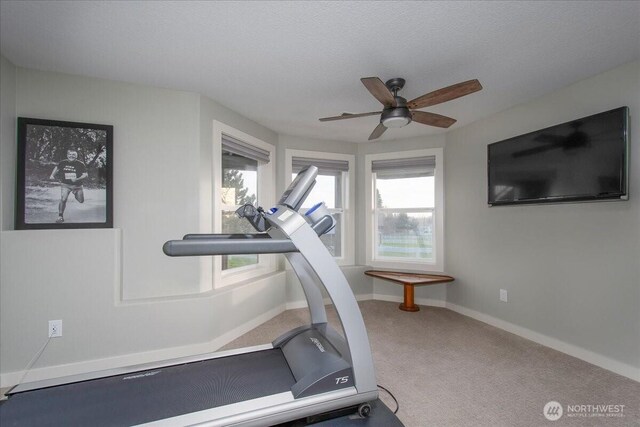 10808 NE 192nd Ave, Brush Prairie, WA 98606 - exercise room with a textured ceiling, baseboards, carpet floors, and ceiling fan