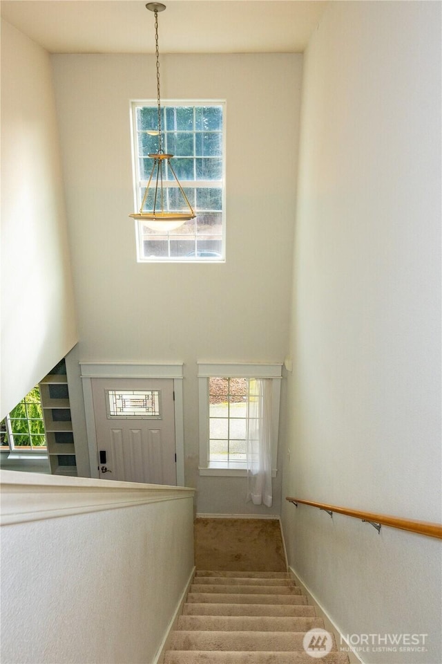 stairs featuring baseboards and carpet floors