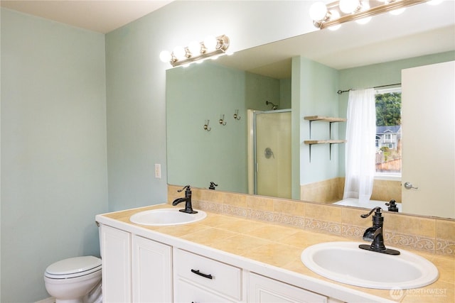 bathroom with double vanity, a stall shower, toilet, and a sink