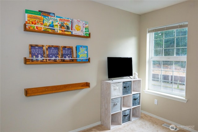 bedroom featuring visible vents, baseboards, and carpet floors