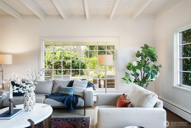 living room with a wealth of natural light, beamed ceiling, and a baseboard radiator