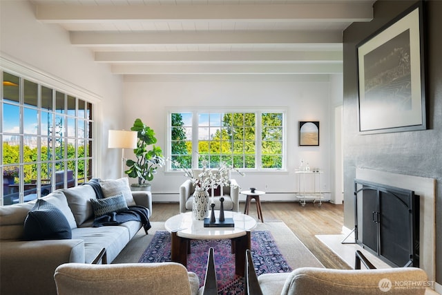 living area with beamed ceiling, a fireplace with flush hearth, wood finished floors, and baseboard heating