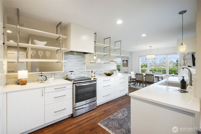 kitchen featuring dark wood-style floors, open shelves, electric range, a sink, and white cabinetry