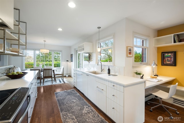 kitchen featuring dark wood-style floors, stainless steel range with electric cooktop, a wealth of natural light, and a sink