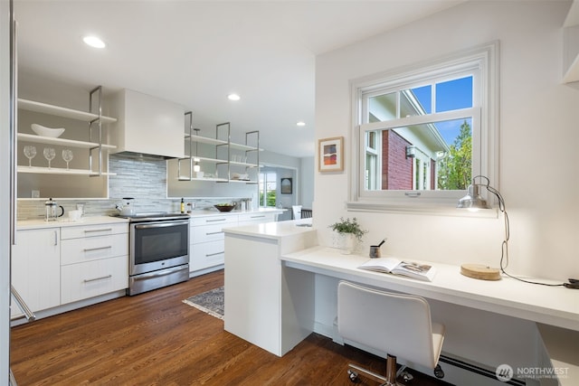 kitchen featuring white cabinetry, open shelves, stainless steel electric range, and range hood