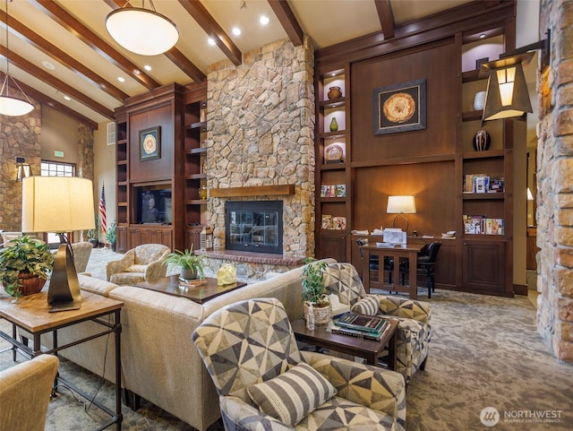 living room with high vaulted ceiling, a fireplace, carpet flooring, built in features, and beam ceiling