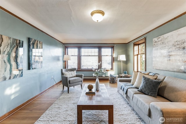 living area featuring baseboards, a baseboard radiator, wood finished floors, and crown molding