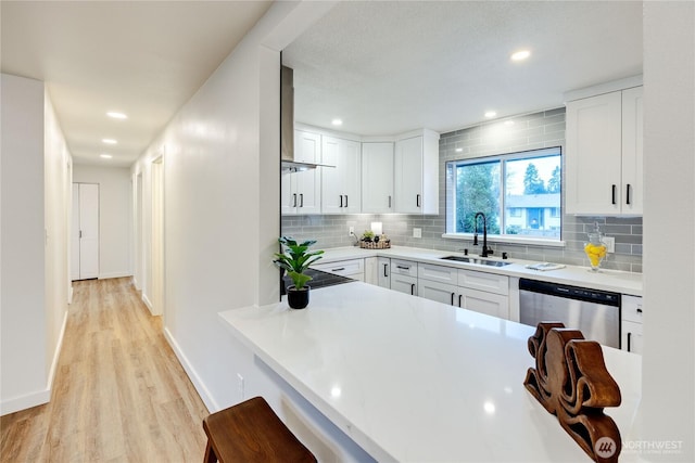 kitchen with tasteful backsplash, light countertops, a sink, and stainless steel dishwasher