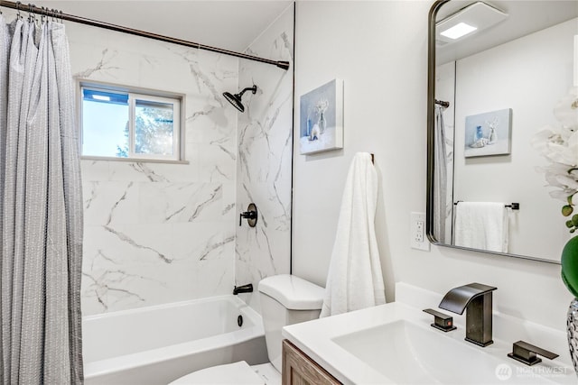 bathroom featuring toilet, vanity, and shower / bathtub combination with curtain