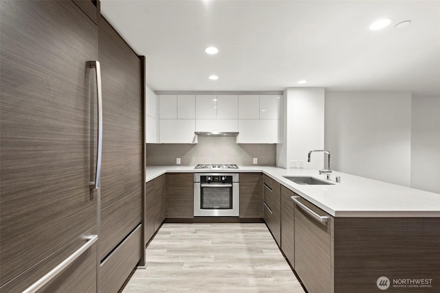 kitchen with modern cabinets, appliances with stainless steel finishes, light countertops, and a sink