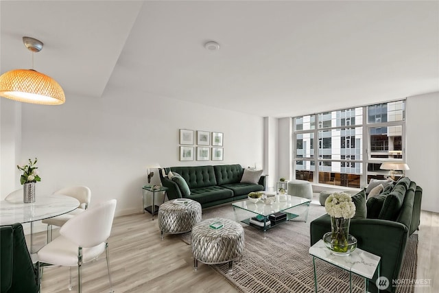 living room with light wood-type flooring and baseboards