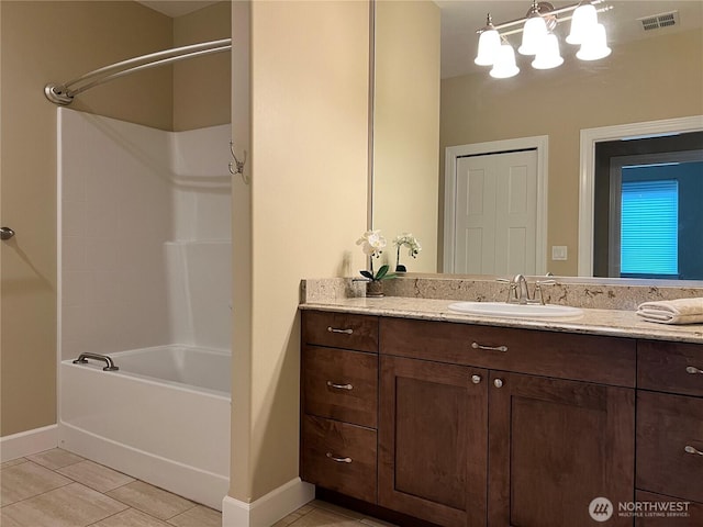 full bath featuring tile patterned floors, visible vents, vanity, and shower / bath combination