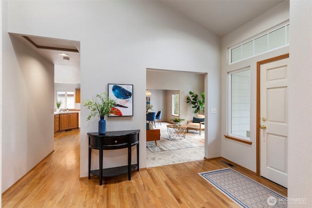 foyer entrance featuring high vaulted ceiling and light wood-type flooring