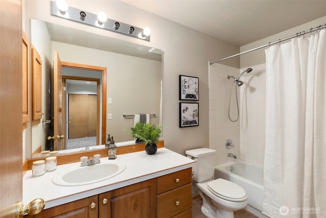 full bathroom with toilet, shower / bath combination with curtain, and vanity