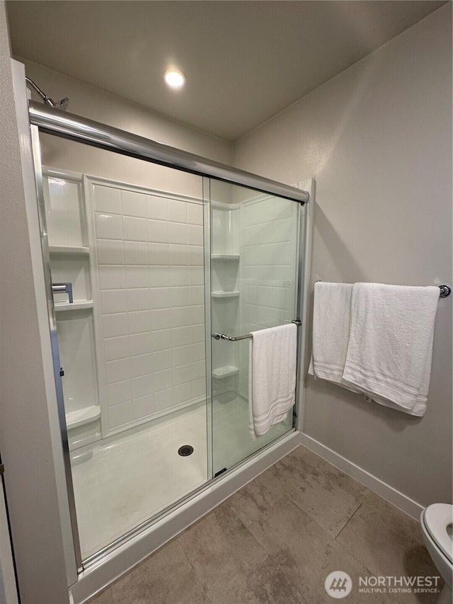 3601 Page St, Port Angeles, WA 98362 - full bathroom featuring a stall shower, tile patterned floors, and recessed lighting