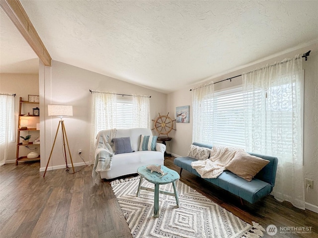 living area featuring a textured ceiling, baseboards, vaulted ceiling, and wood finished floors