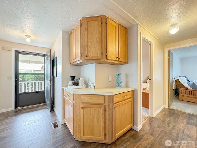 kitchen with dark wood-style flooring, light countertops, and a textured ceiling