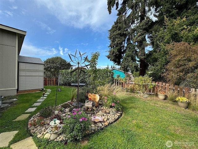 view of yard with an outdoor structure and a fenced backyard