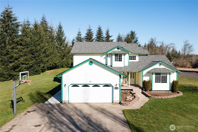 traditional-style home with driveway, a front lawn, an attached garage, and a shingled roof