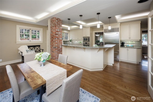 dining room with dark wood-style flooring, a raised ceiling, and baseboards