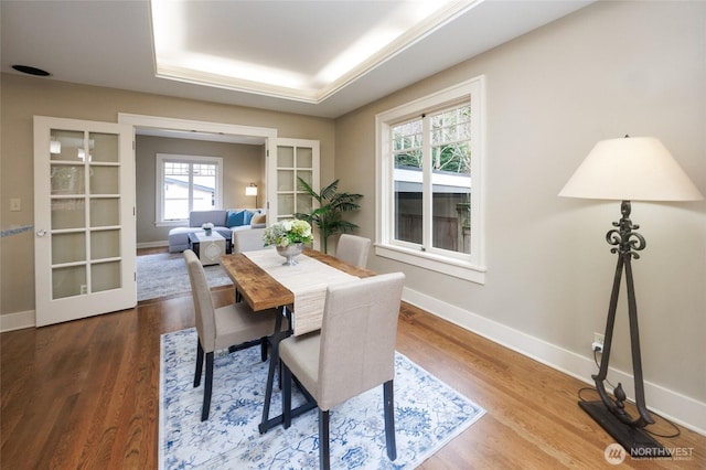 dining room featuring baseboards, a tray ceiling, and wood finished floors