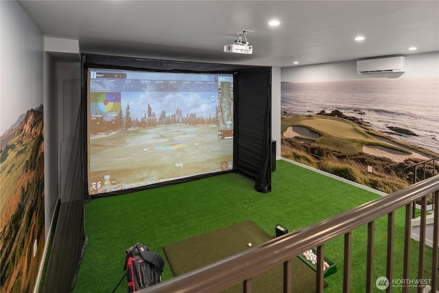 rec room with golf simulator, recessed lighting, and a wall mounted AC