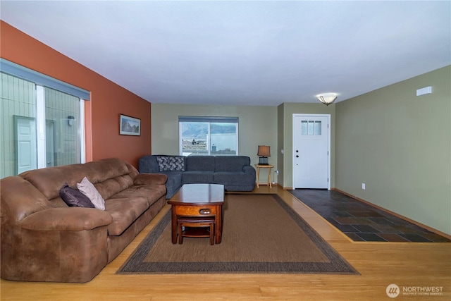 living area featuring baseboards and wood finished floors