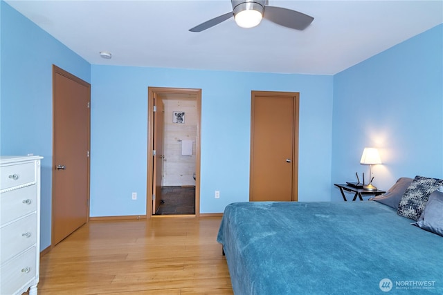 bedroom with light wood-type flooring, baseboards, and a ceiling fan