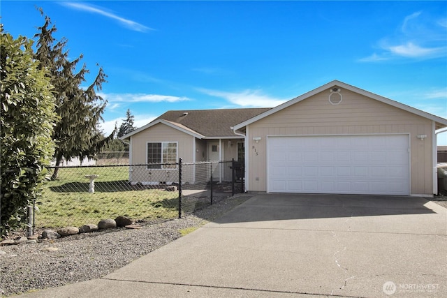 ranch-style home with driveway, a garage, a shingled roof, fence, and a front lawn