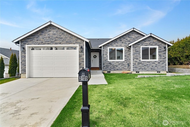 single story home with driveway, a front lawn, and a garage