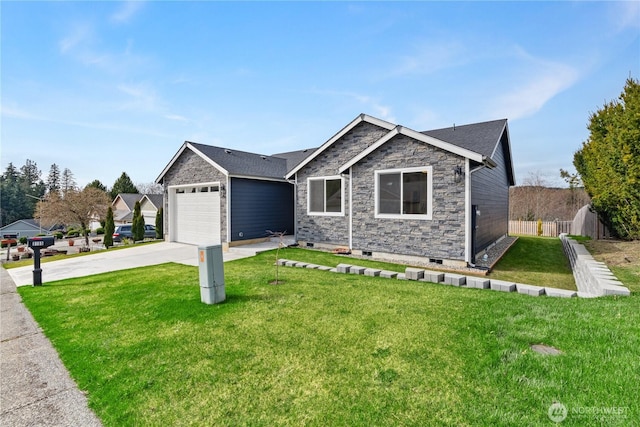 ranch-style house featuring a garage, driveway, a front lawn, and fence