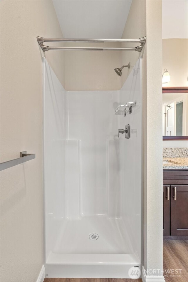 bathroom featuring vanity, wood finished floors, and a stall shower