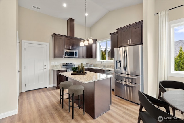 kitchen featuring visible vents, a kitchen island, stainless steel appliances, dark brown cabinets, and light wood-style floors